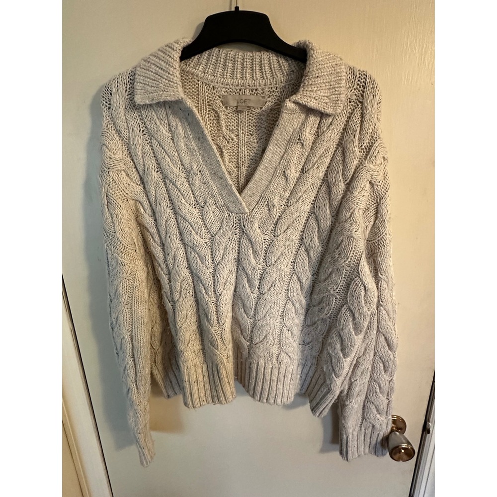 LOFT Chunky‎ Cable Fisherman Knit Sweater Collared V-Neck Woman's  Size L